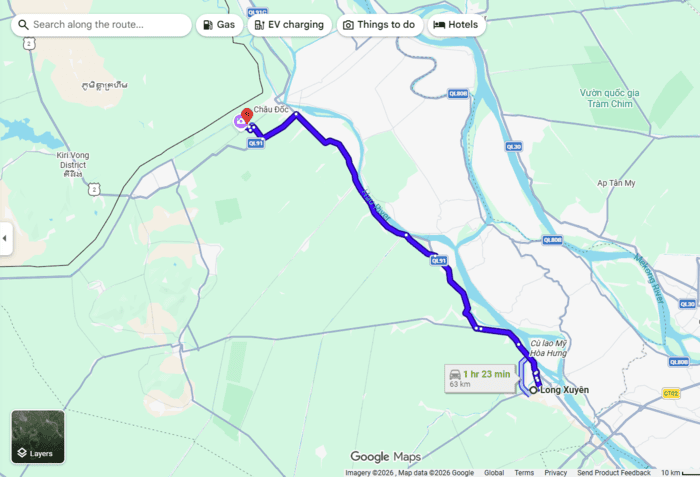 Đường đi từ Long Xuyên đến Miếu Bà Chúa Xứ Núi Sam